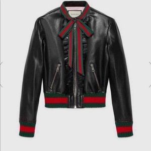 Ruffle Leather Bomber Jacket